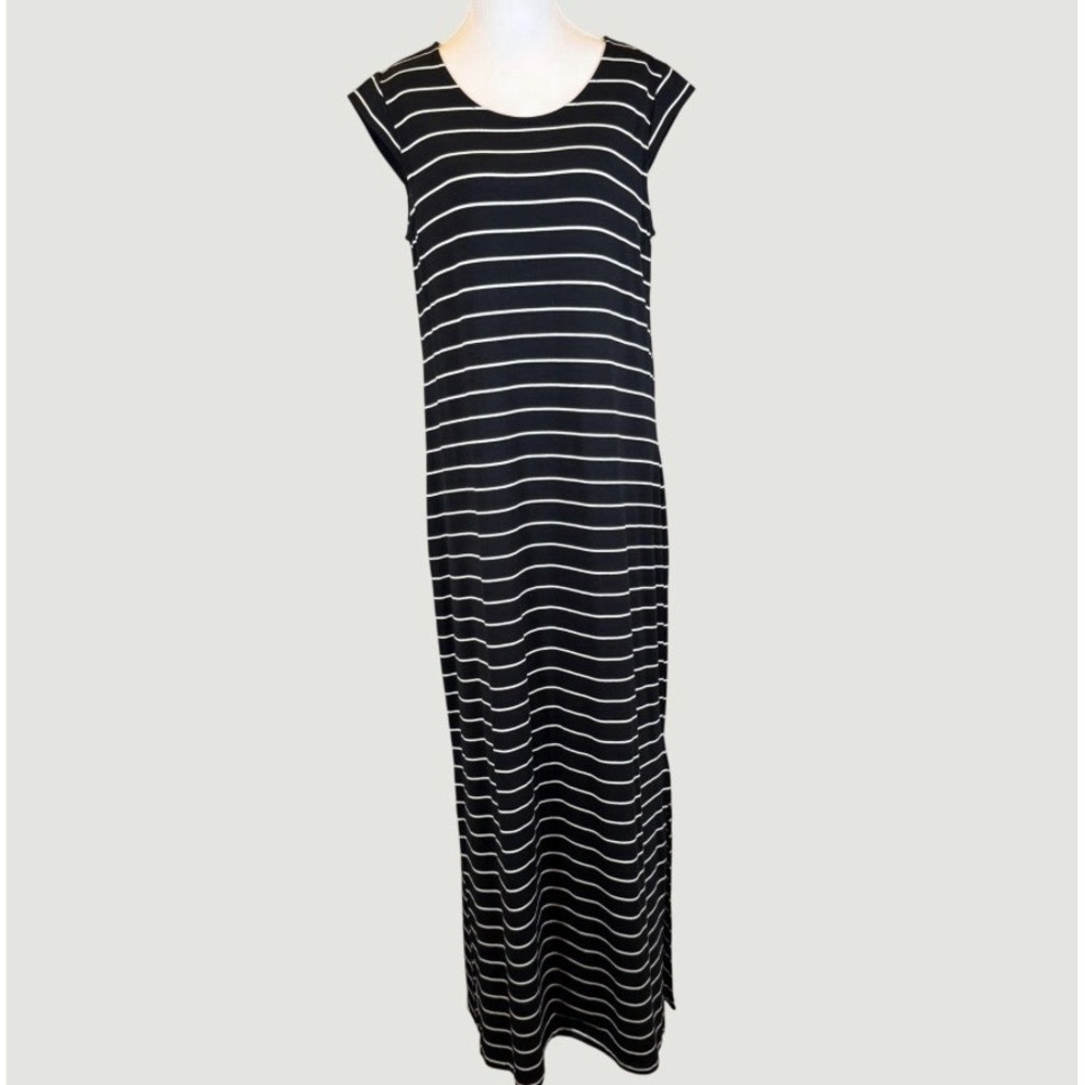 C&C California Dress Women's Medium Black White Striped Maxi Cap Sleeves